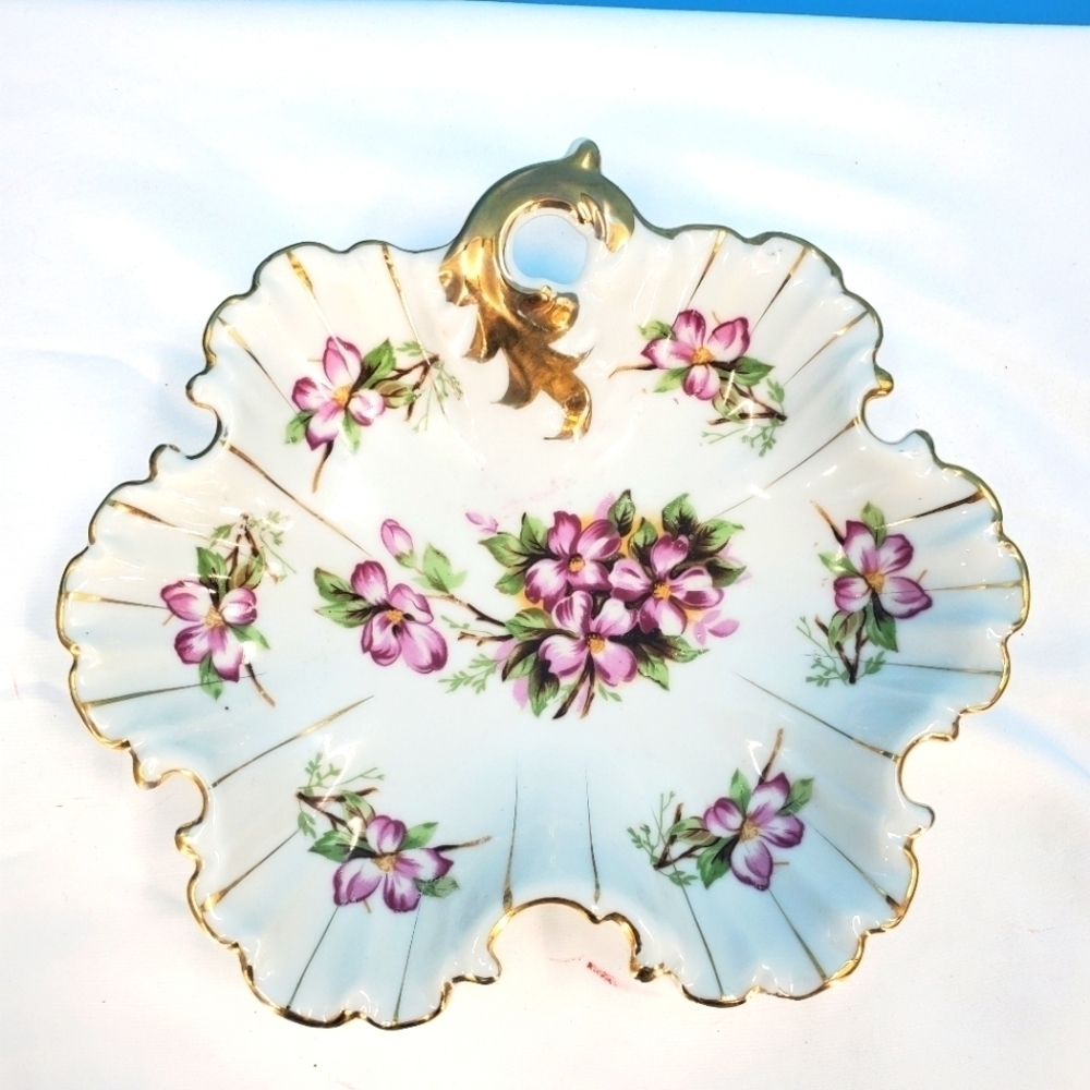 Vintage Trimont white ceramic fluted dish with lavender flower pattern